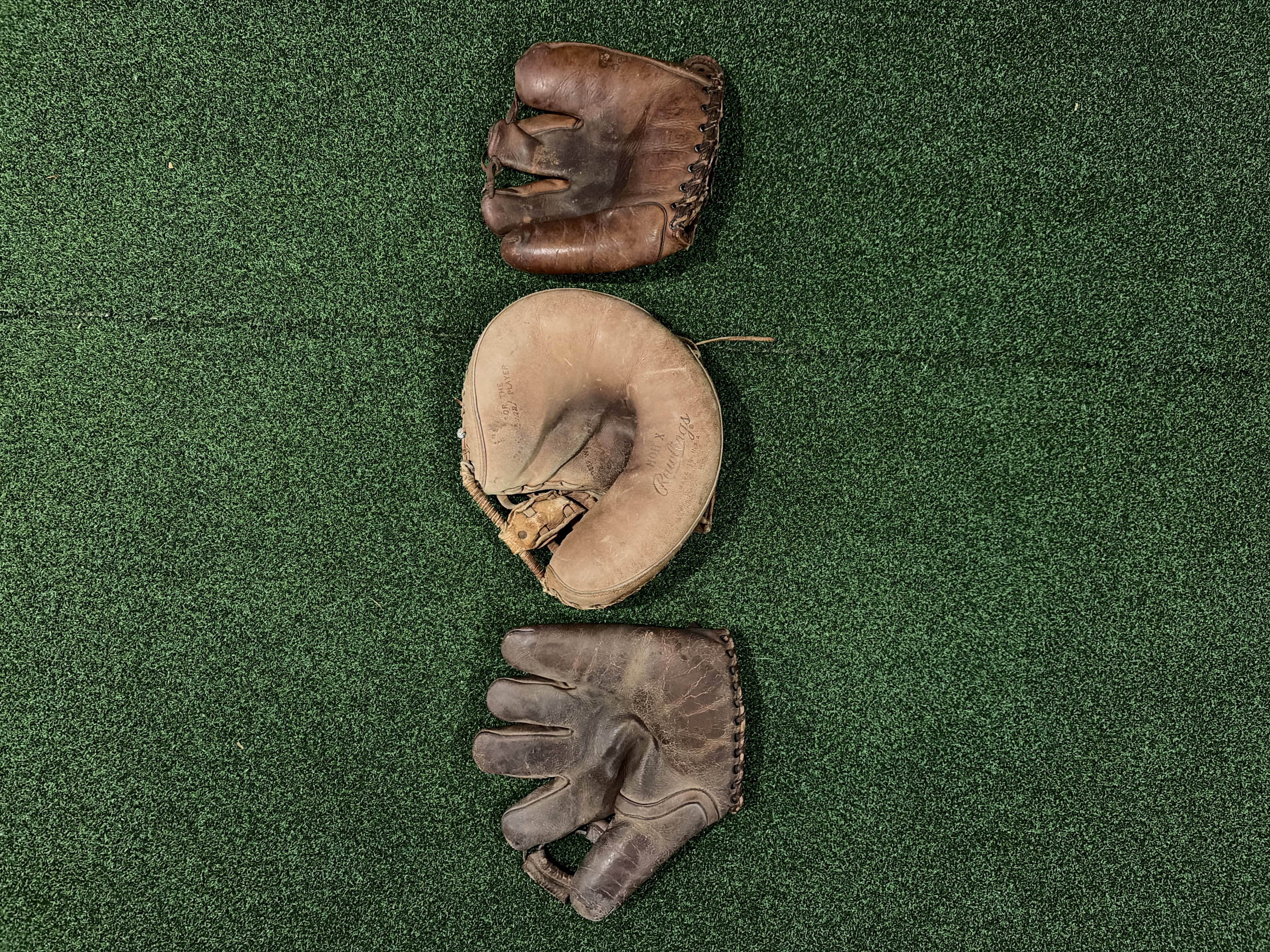 Three Vintage Leather Baseball Gloves Collection