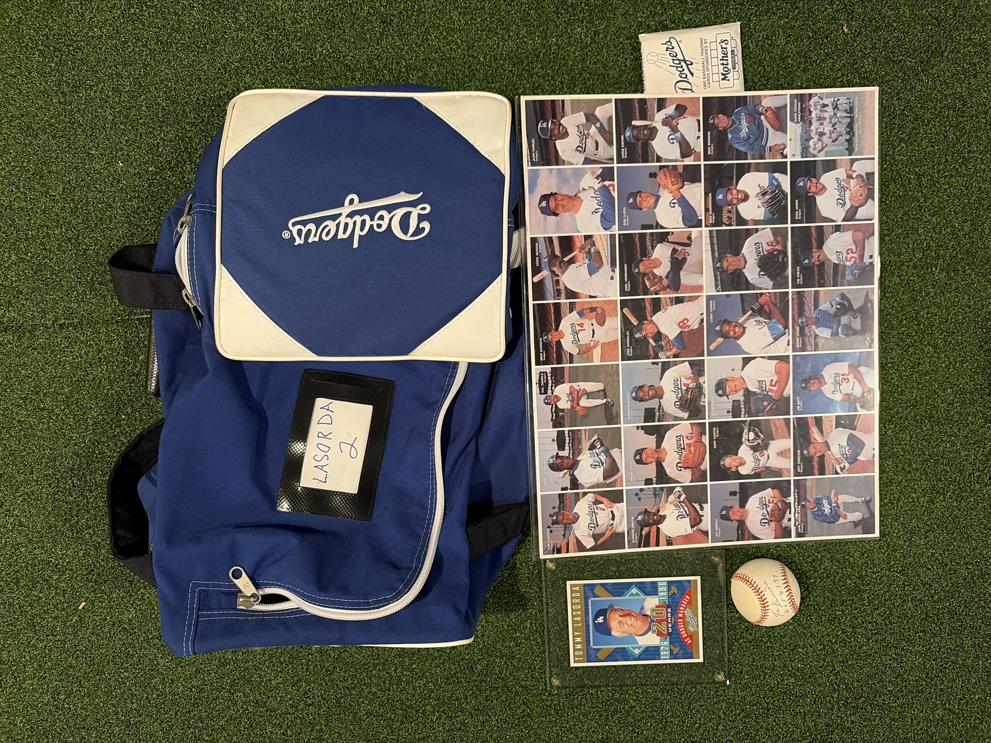 Dodgers Tommy Lasorda Lot: Bag, Card, Ball, Photo Sheet